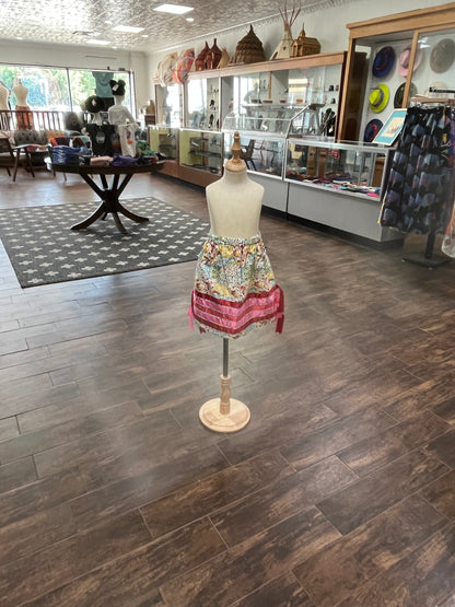 Girl’s Ribbon Skirt; Yellow Floral with Pink and Red Ribbons