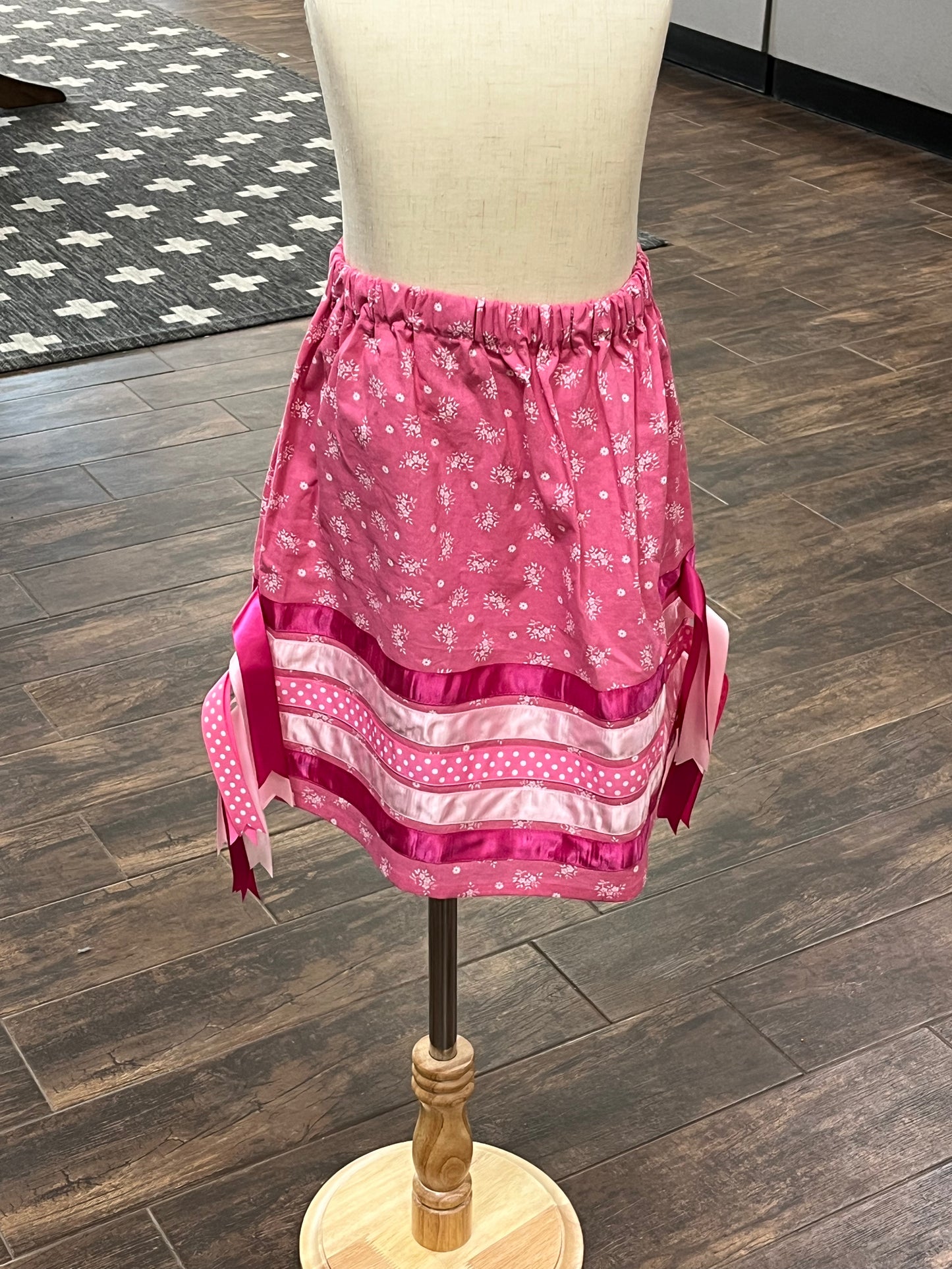 Girl’s Ribbon Skirt; Pink Floral with Pink Ribbons