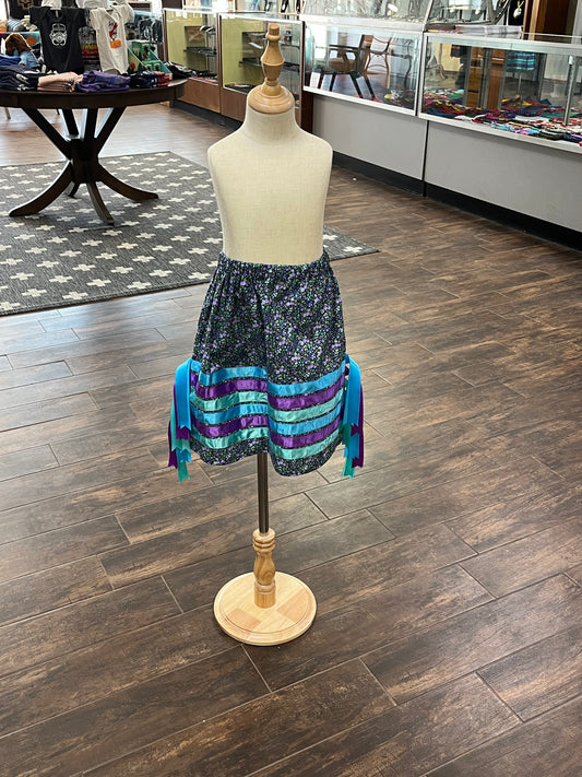Girl’s Ribbon Skirt; Purple Floral with Purple and Turquoise Ribbons