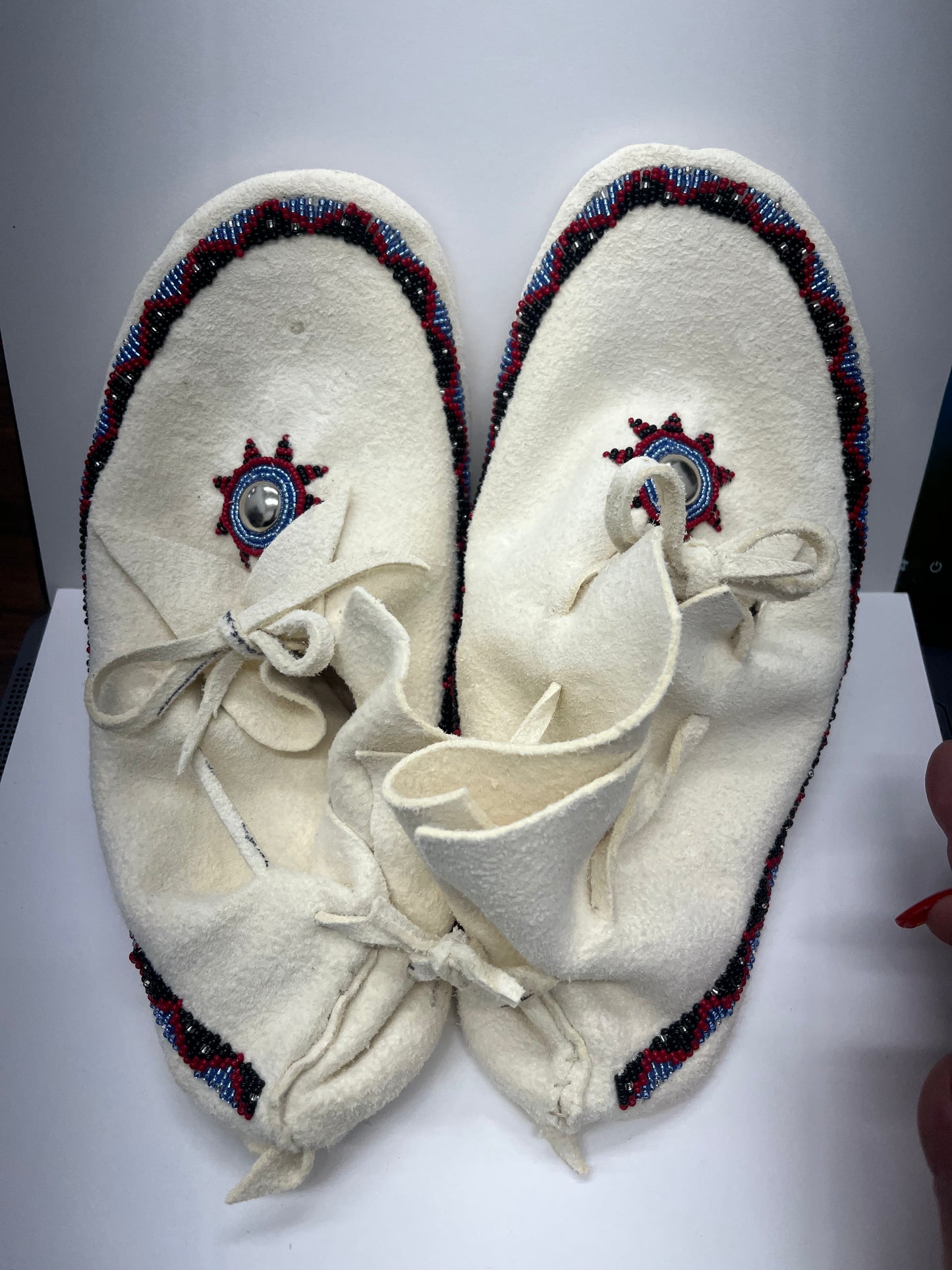 Size 10 Beaded Moccasins; Red, Blue, Black