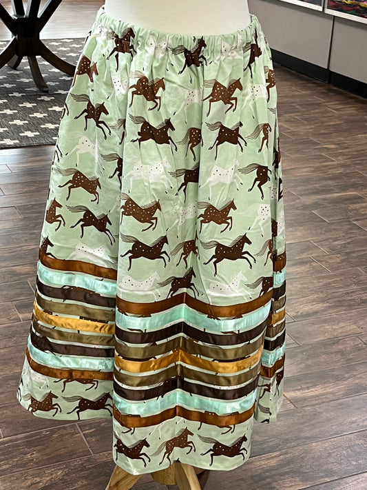 Adult Ribbon Skirt; Waist 34”, Mint Green, Horses🐴