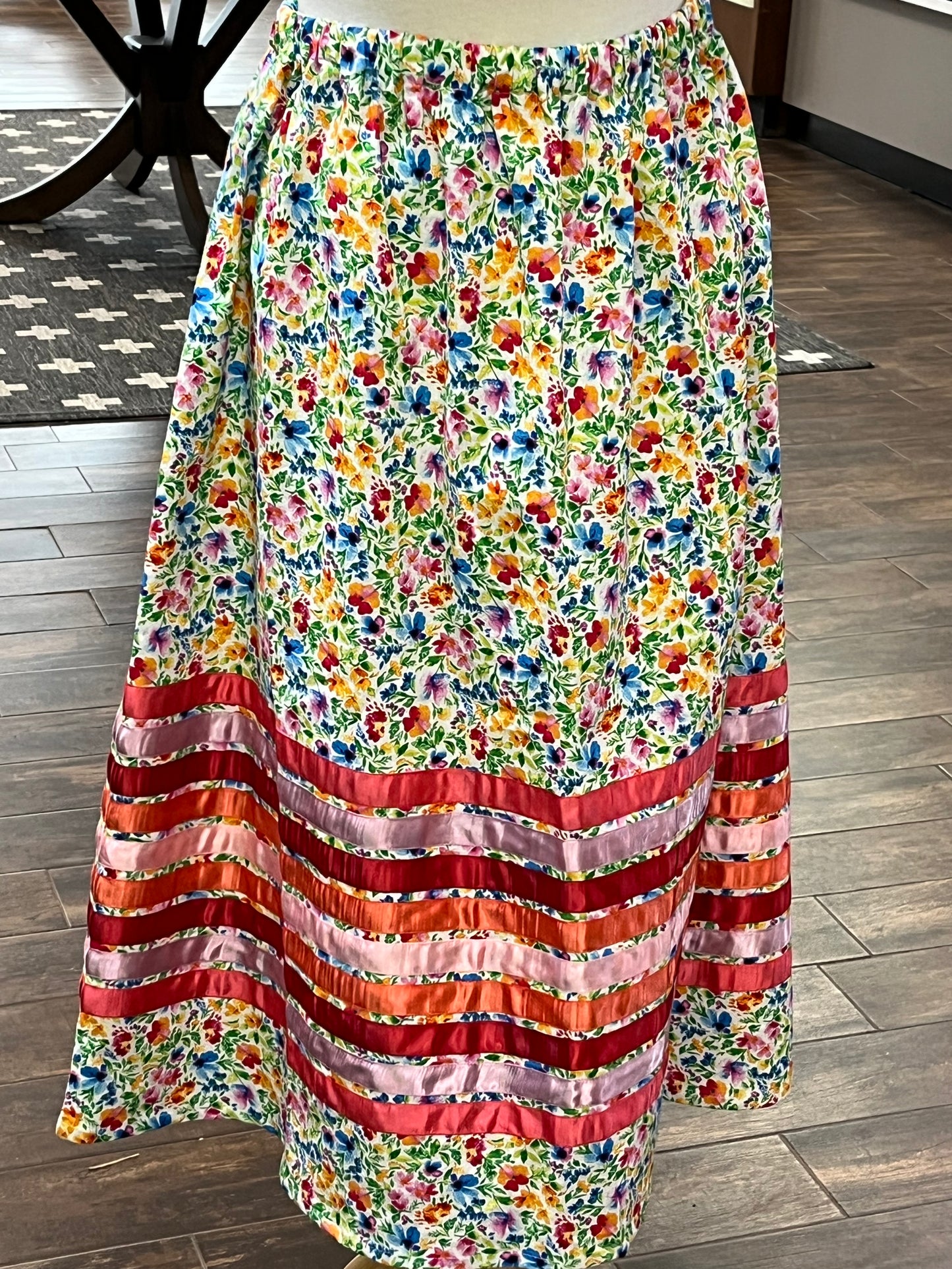 Adult Ribbon Skirt; Multi-Colored Floral on White, 32” waist