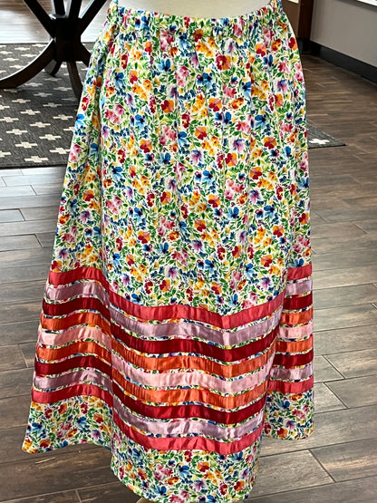 Adult Ribbon Skirt; Multi-Colored Floral on White, 32” waist