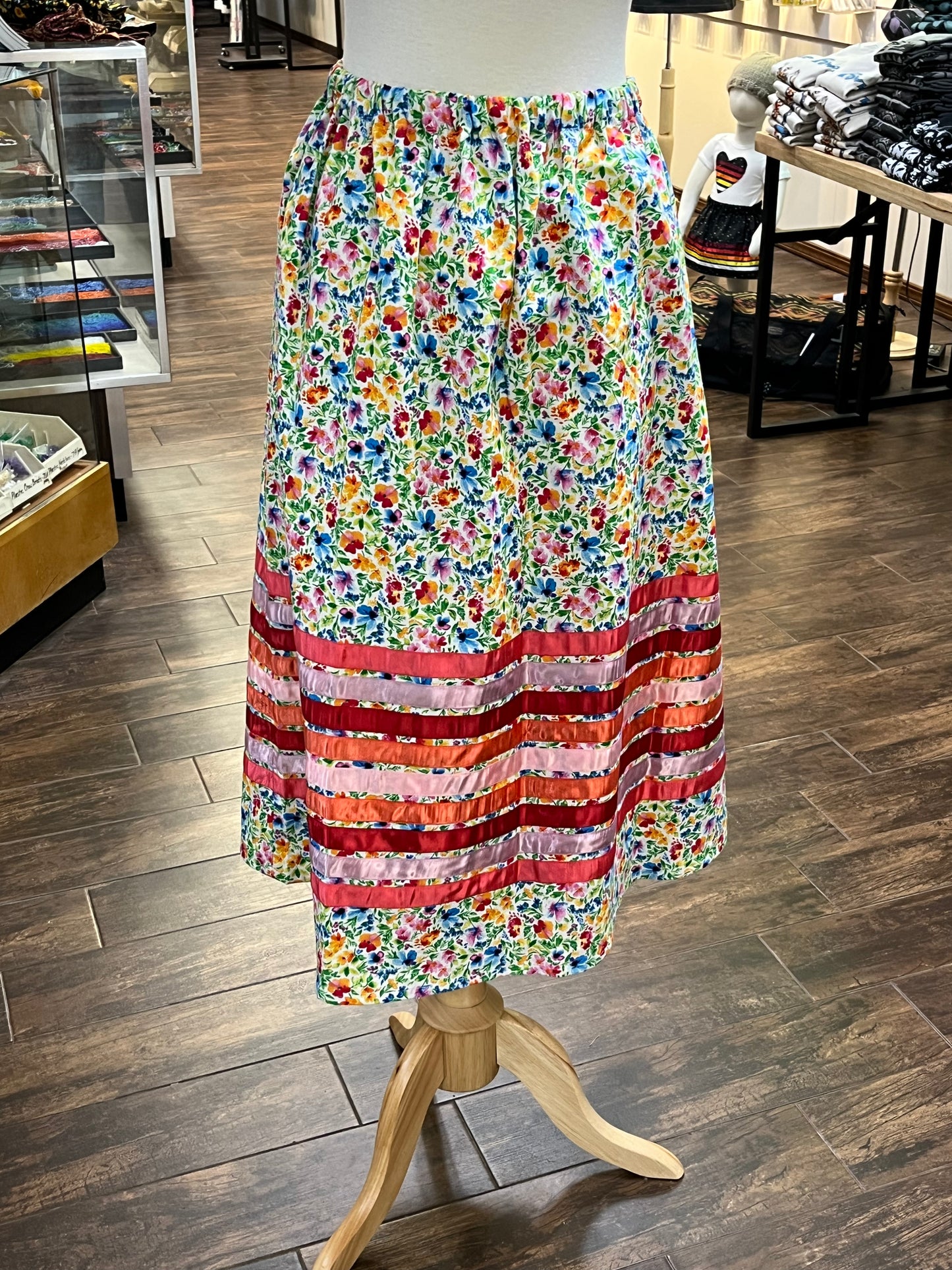 Adult Ribbon Skirt; Multi-Colored Floral on White, 32” waist
