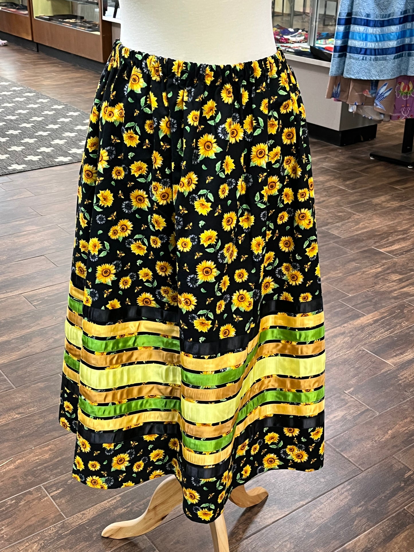Adult Ribbon Skirt; Sunflowers on Black, Waist 34”