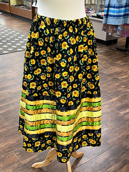 Adult Ribbon Skirt; Sunflowers on Black, Waist 34”