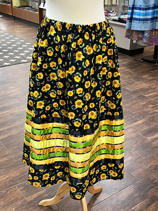 Adult Ribbon Skirt; Sunflowers on Black, Waist 34”