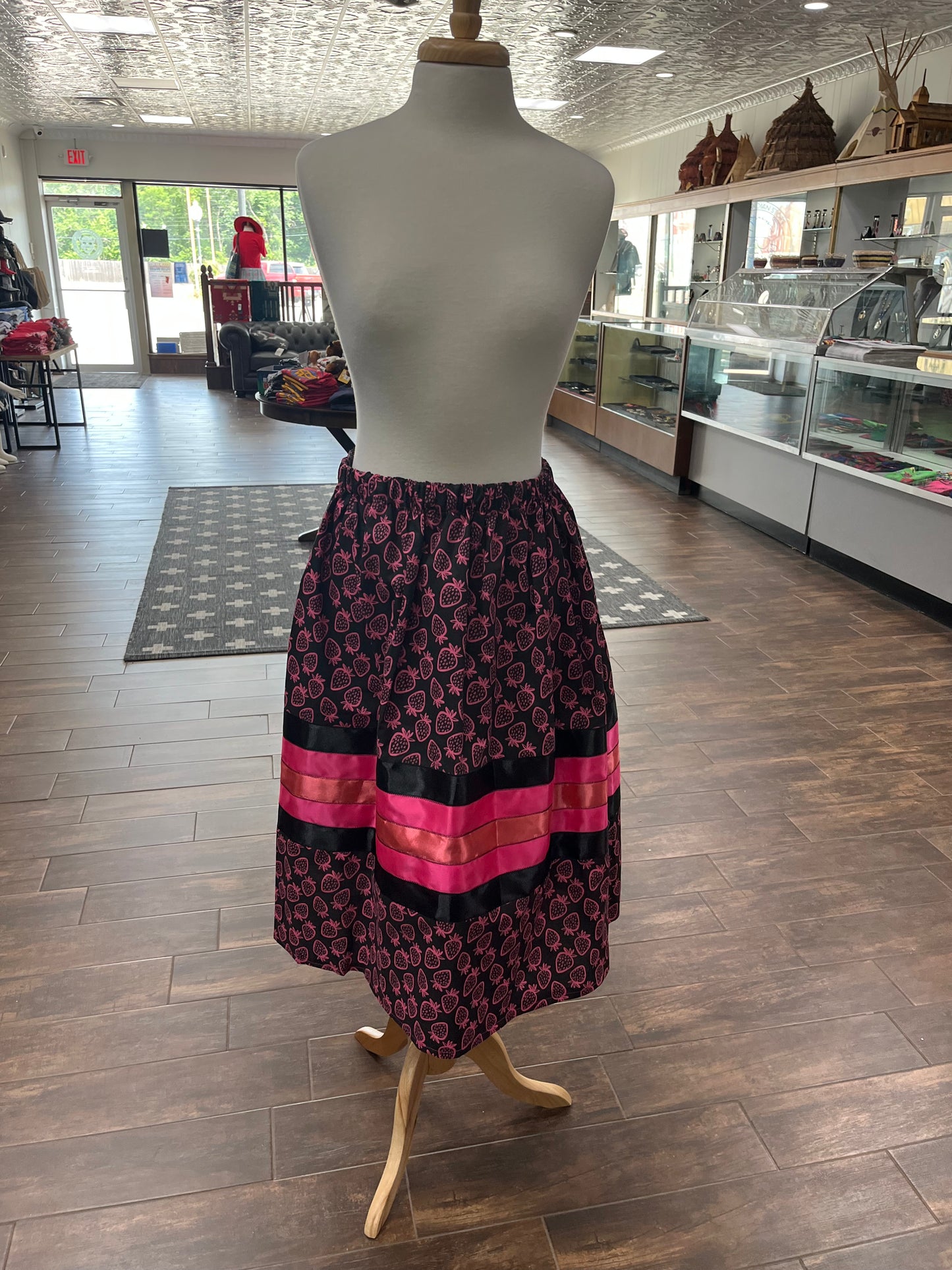 Women’s Ribbon Skirt Black with Pink Strawberry Design and Pink, Black and Orange Ribbons