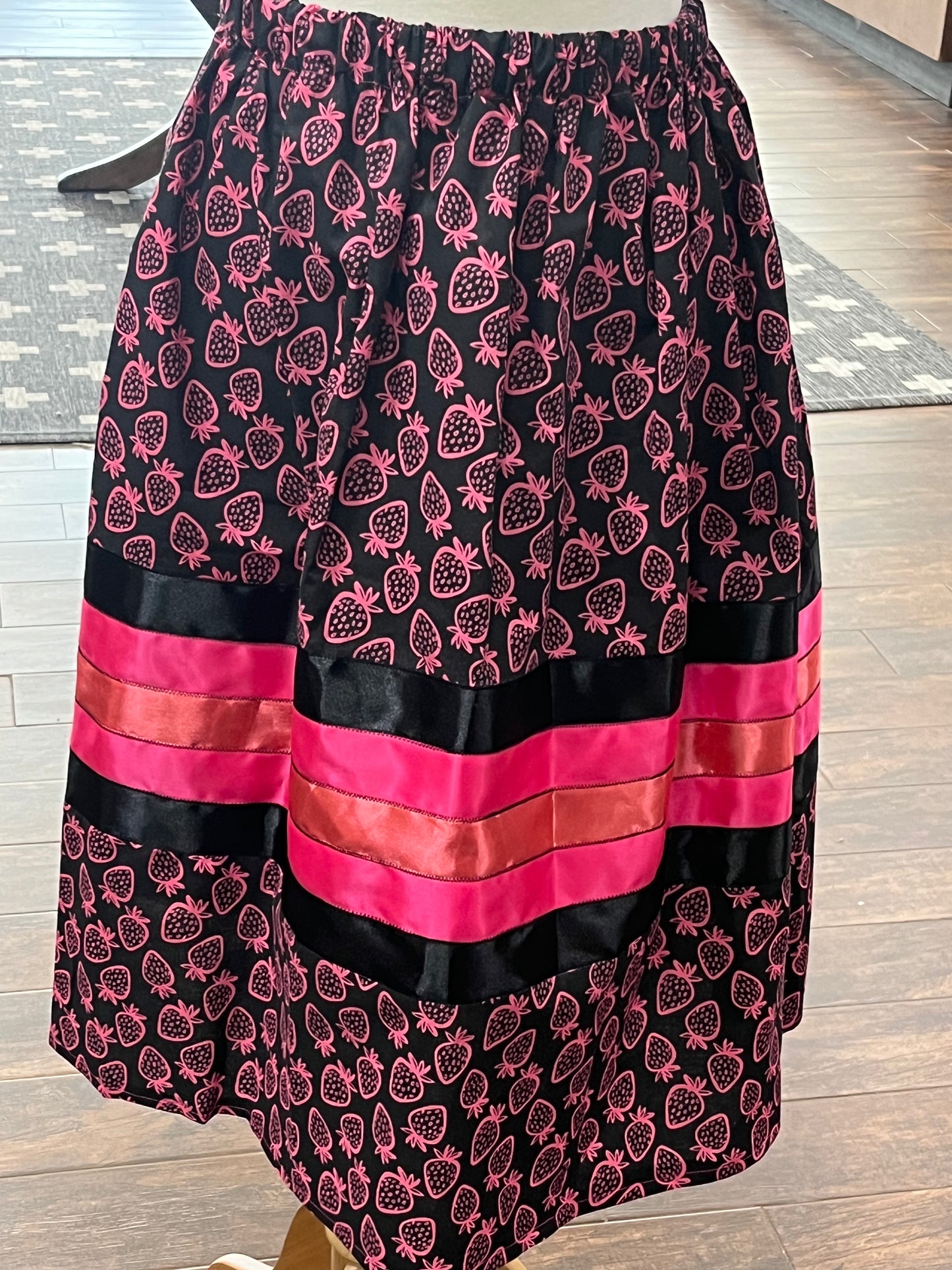 Women’s Ribbon Skirt Black with Pink Strawberry Design and Pink, Black and Orange Ribbons