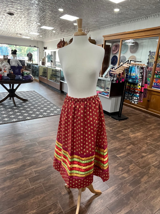 Ribbon Skirt Rust Color with Yellow Floral Detail and Gold and Green Ribbons