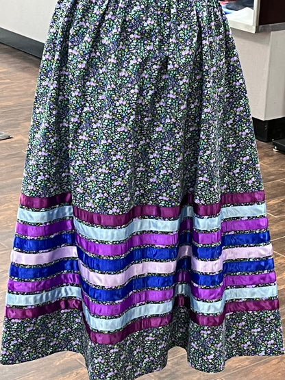 Women’s Ribbon Skirt; Navy with Purple Flowers 34” waist