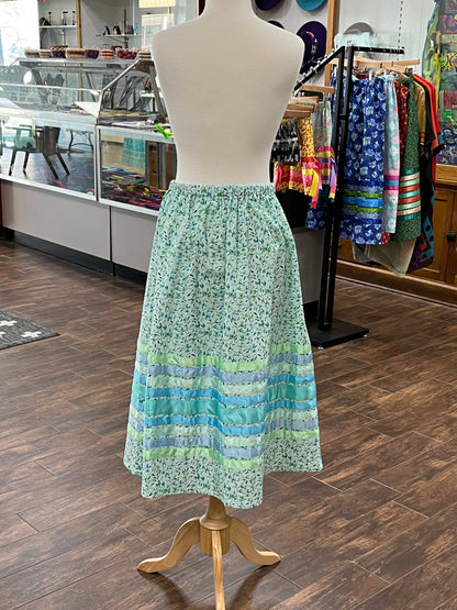 Women’s Ribbon Skirt; Light Green with leaves 32” waist