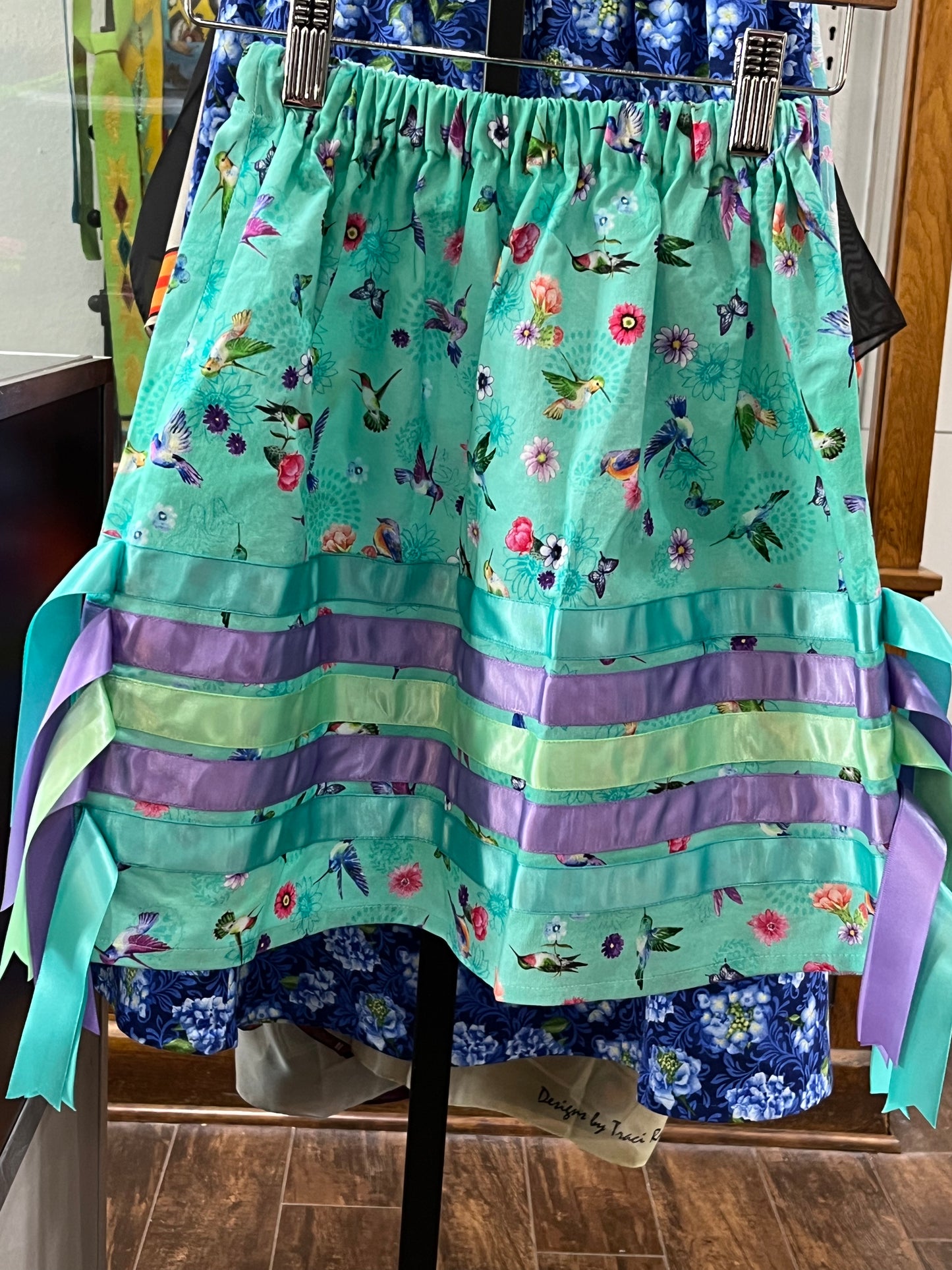 Girl’s Ribbon Skirt Size 3; Turquoise with Hummingbird Design