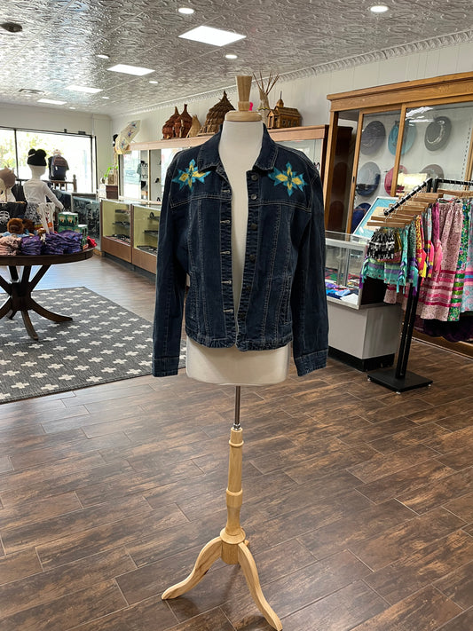 Women’s Denim Jacket with Ribbon Work; Yellow and Turquoise