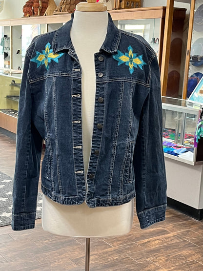 Women’s Denim Jacket with Ribbon Work; Yellow and Turquoise