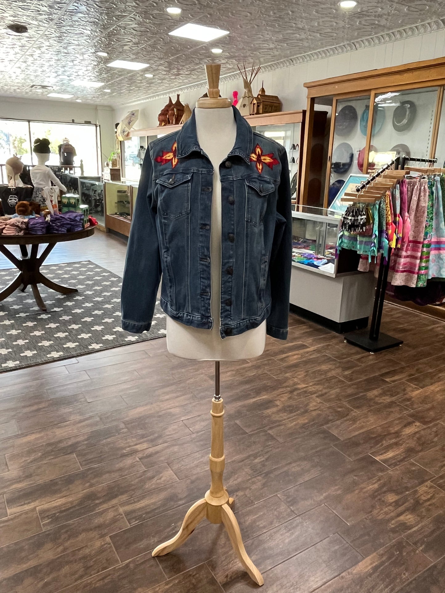 Women’s Denim Jacket with Ribbon Work; Red and Gold