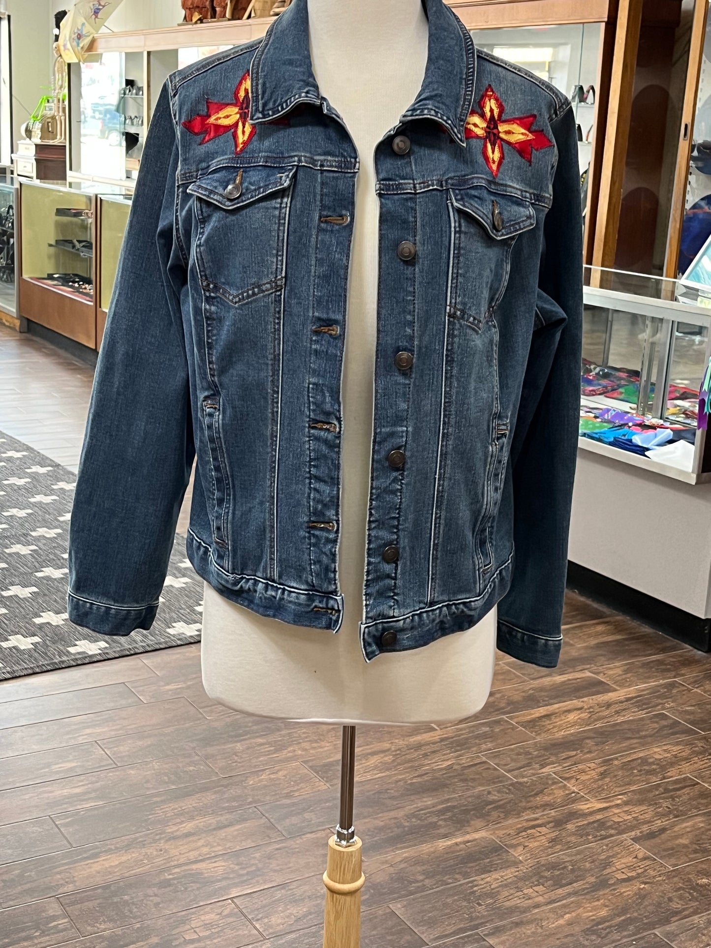 Women’s Denim Jacket with Ribbon Work; Red and Gold