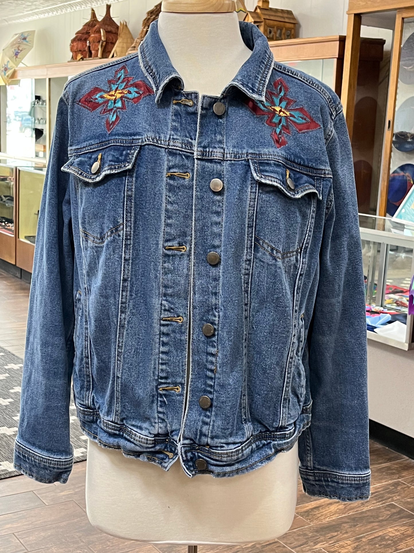 Women’s Denim Jacket with Ribbon Work; Dark Red and Turquoise