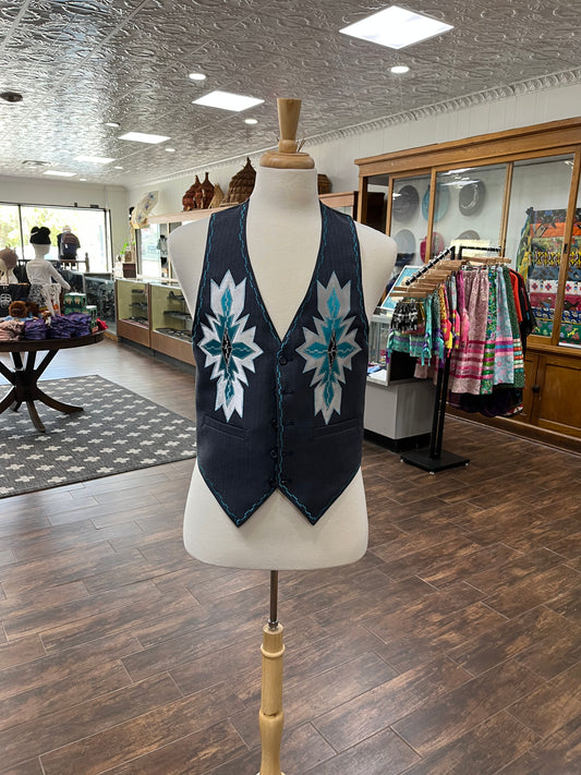 Men’s Embroidered Ribbon Work Vest; Navy Blue with Silver and Turquoise detail