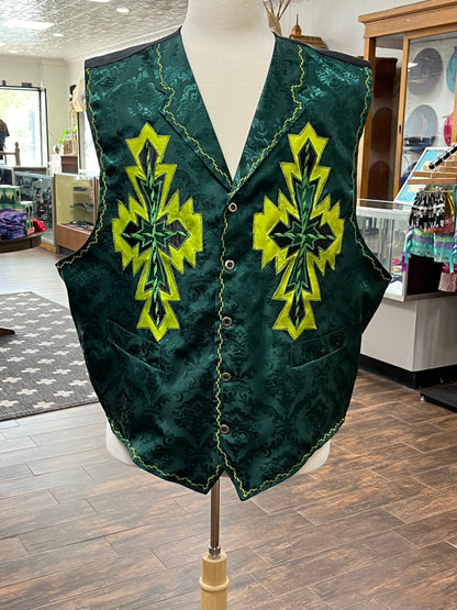 Men’s Embroidered Ribbon Work Vest; Dark Green Damask with Yellow and Dark Green detail