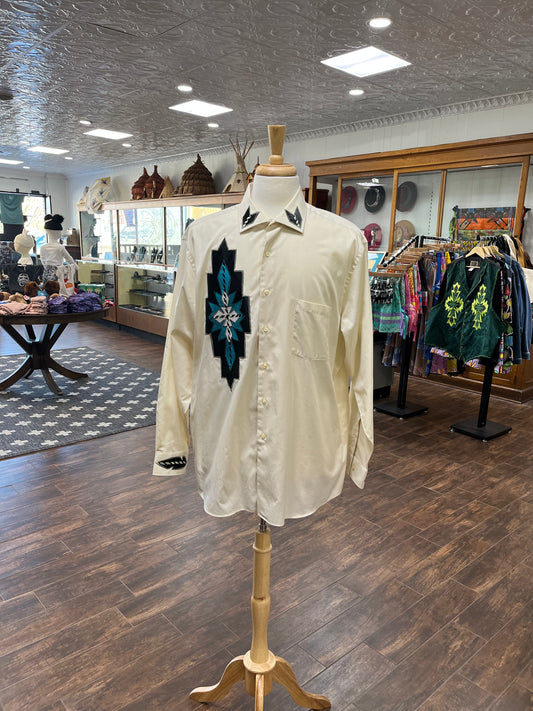 Men’s Ribbon Shirt;  L (16) Off White with Black and Teal Embroidery