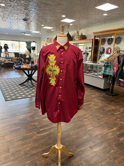 Men’s Ribbon Shirt;  2XL (18.5) Deep Red with Gold Embroidery