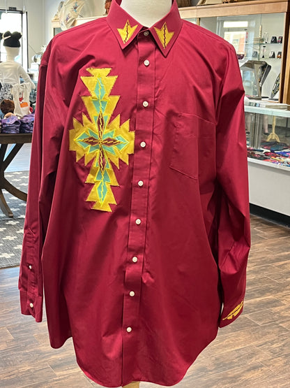 Men’s Ribbon Shirt;  2XL (18.5) Deep Red with Gold Embroidery