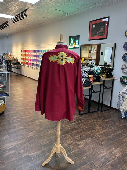 Men’s Ribbon Shirt;  2XL (18.5) Deep Red with Gold Embroidery