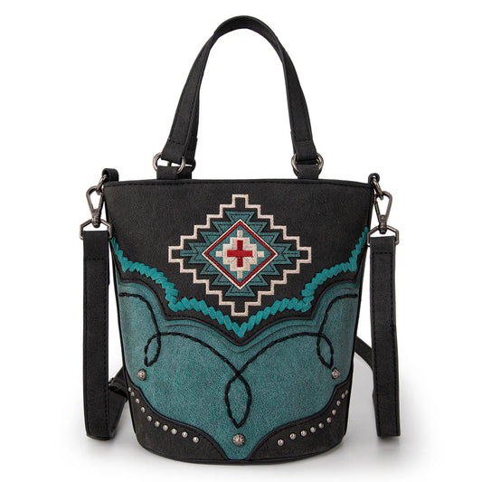 Montana West Embroidered Aztec Collection Bucket Tote/Crossbody - Black