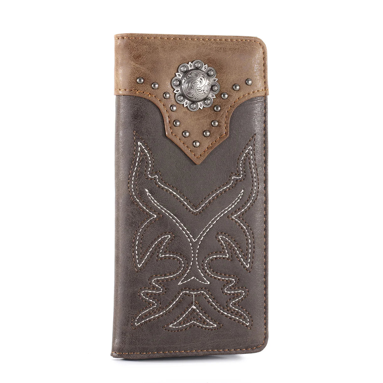 Embroidered Boot Scroll Men's Bifold Long PU Leather Wallet - Brown