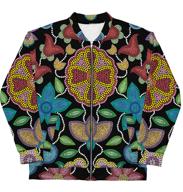 Unisex Bomber Jacket; Beaded Floral Black