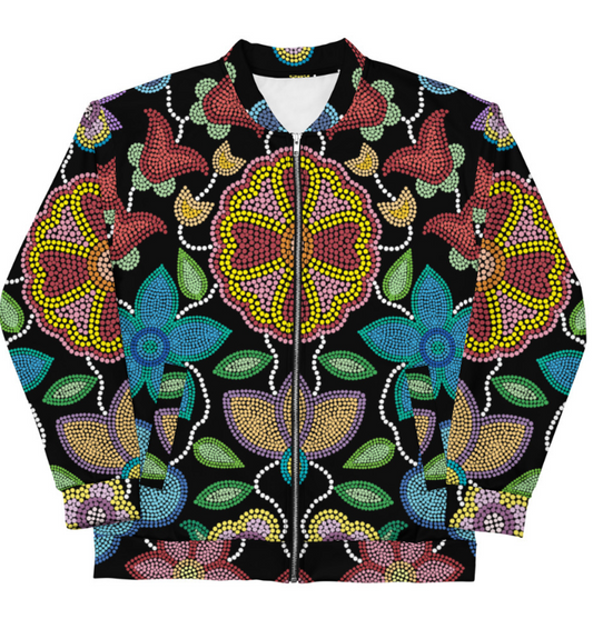 Unisex Bomber Jacket; Beaded Floral Black