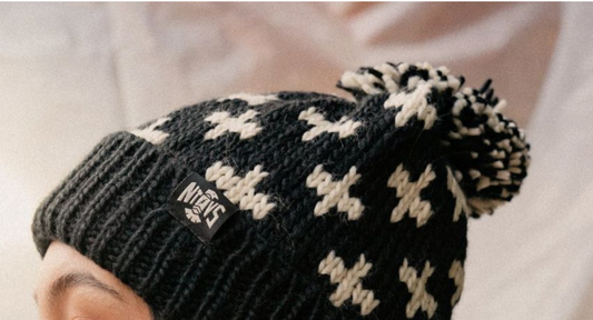 Knit Pom Beanie; Black with Cream Cross