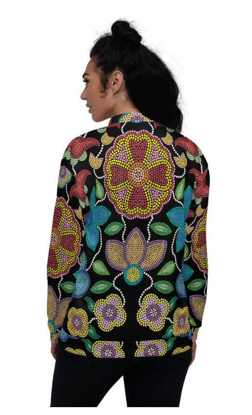 Unisex Bomber Jacket; Beaded Floral Black