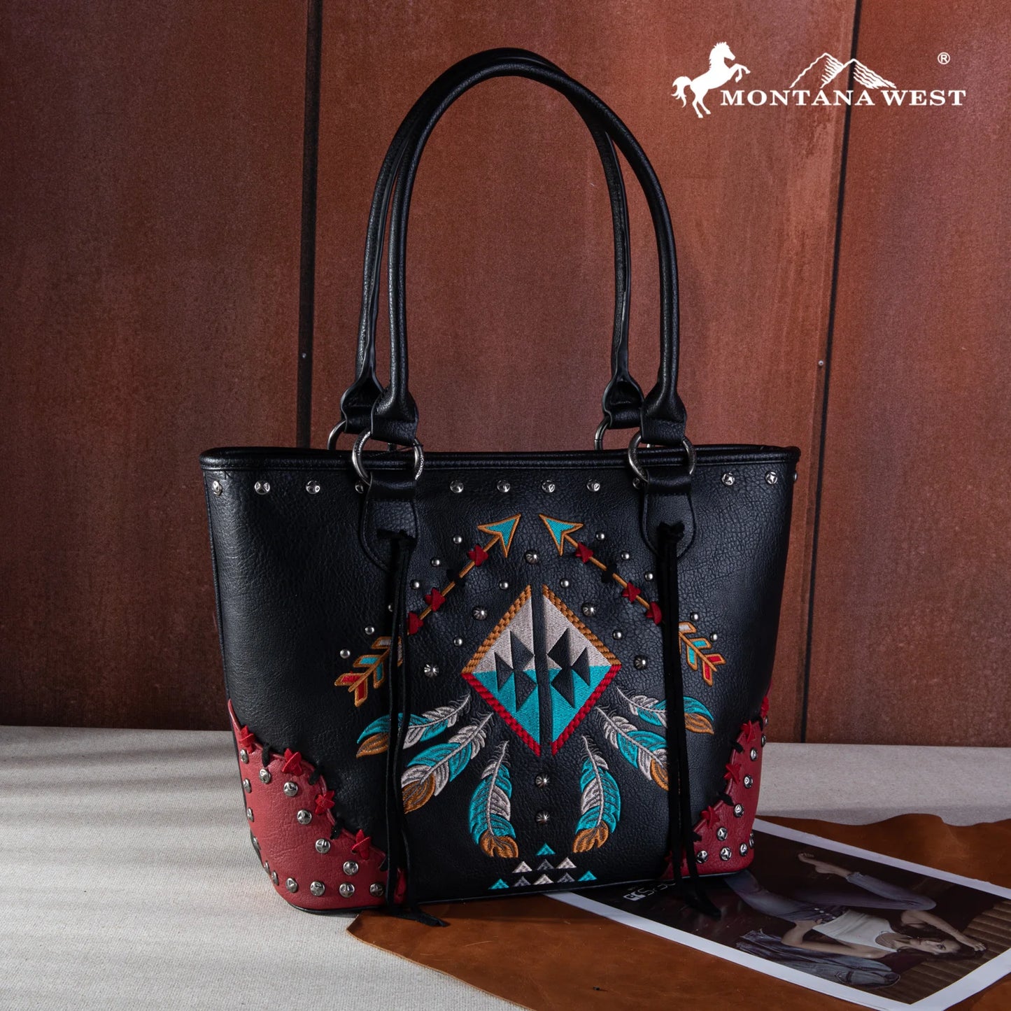 Montana West Embroidered Arrow Feather Collection Concealed Carry Tote - Black