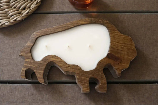 Bison or Buffalo Candle in Hand-Carved Bowl | Organic Soy Candle: Warm Vanilla