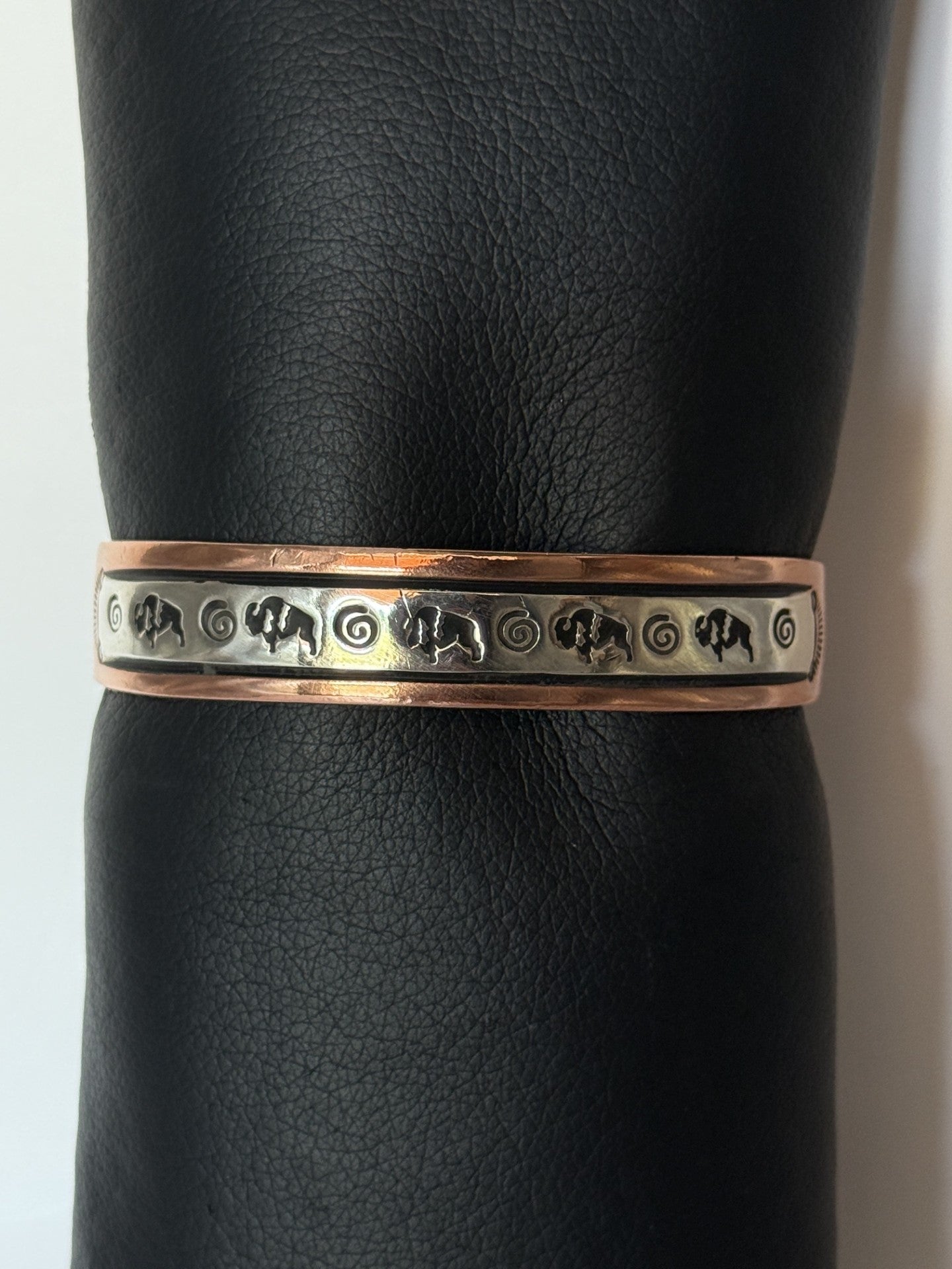 Copper & Navajo Sterling Silver Bracelet with Buffalo and Swirl Symbols