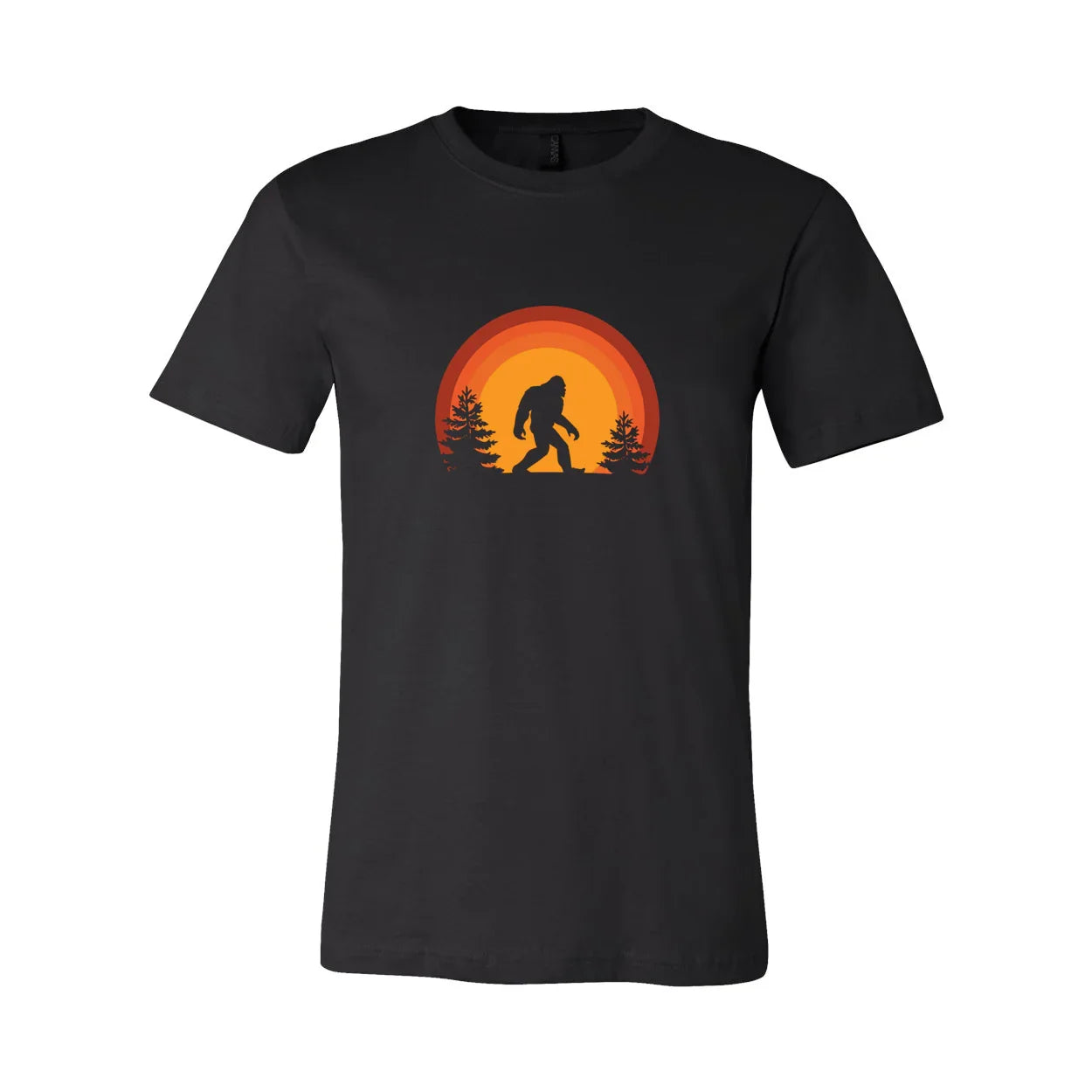 Black t-shirt with Bigfoot silhouette against sunset and pine trees, Native art inspired design