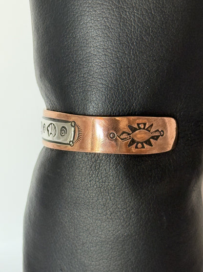 Copper & Navajo Sterling Silver Cuff Bracelet with Bear and Swirl Symbols