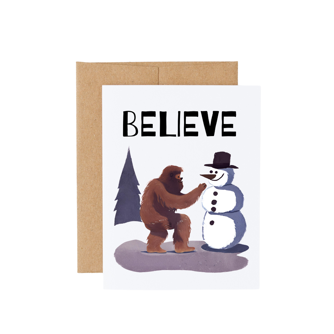 Bigfoot Building a Snowman Christmas Card : Brown Kraft Paper
