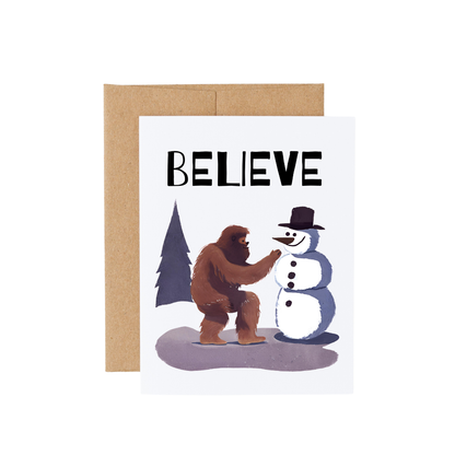 Bigfoot Building a Snowman Christmas Card : Brown Kraft Paper