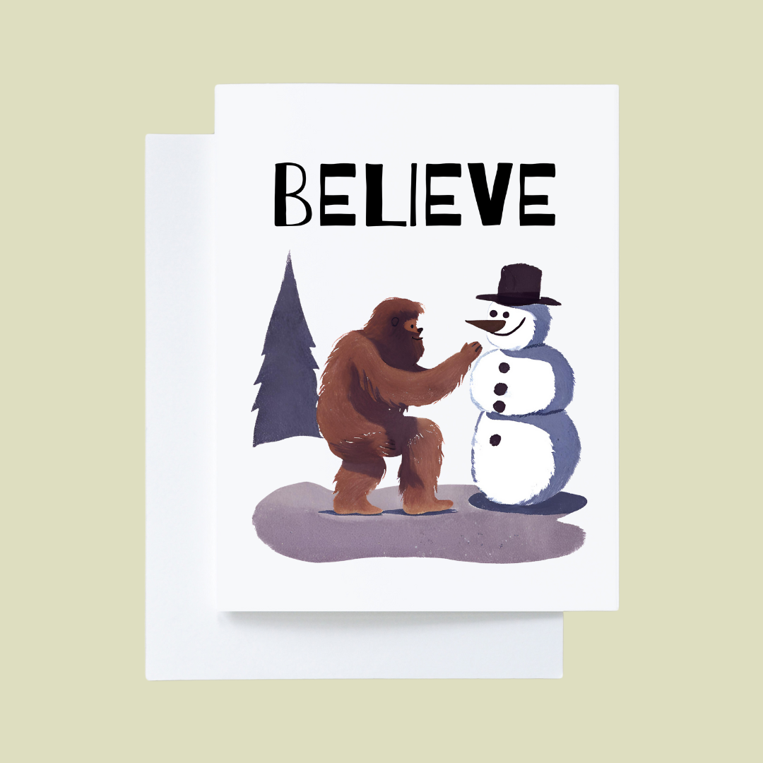 Bigfoot Building a Snowman Christmas Card : Brown Kraft Paper