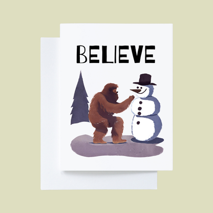 Bigfoot Building a Snowman Christmas Card : Brown Kraft Paper