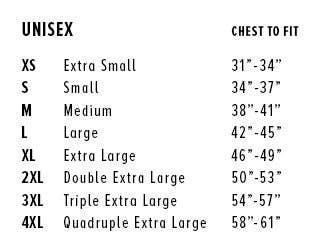 Unisex size chart for Native American craft and traditional clothing, chest measurements listed