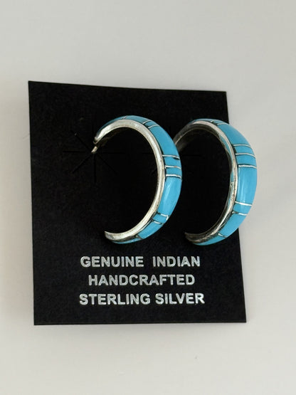 Turquoise Inlay & Sterling Silver Hoop Earrings