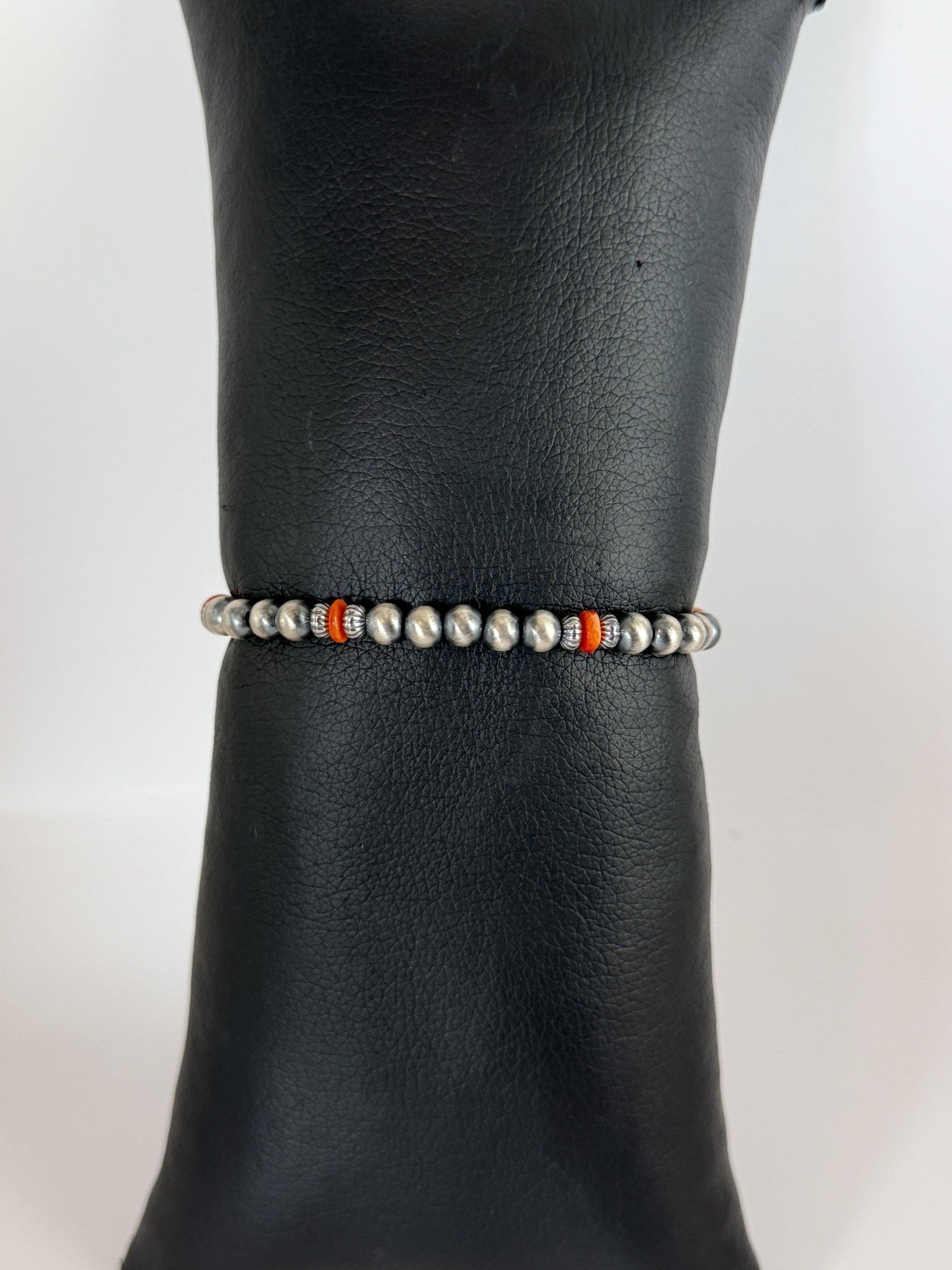 Spiny Oyster Shell & Sterling Silver Bead Bracelet
