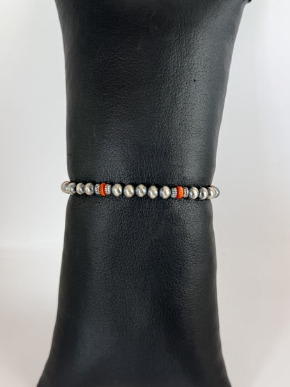 Spiny Oyster Shell & Sterling Silver Bead Bracelet