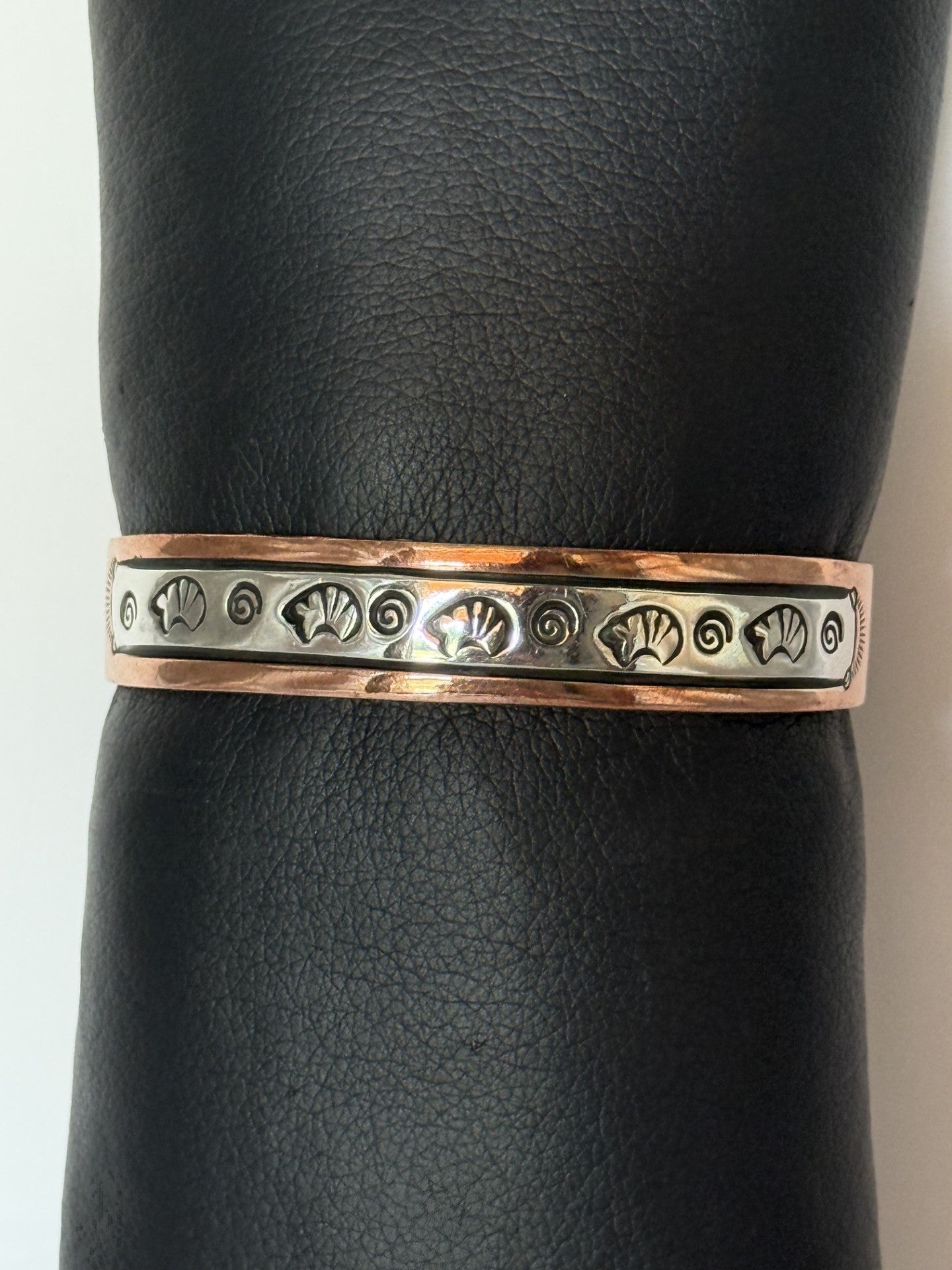 Copper & Navajo Sterling Silver Cuff Bracelet with Bear and Swirl Symbols