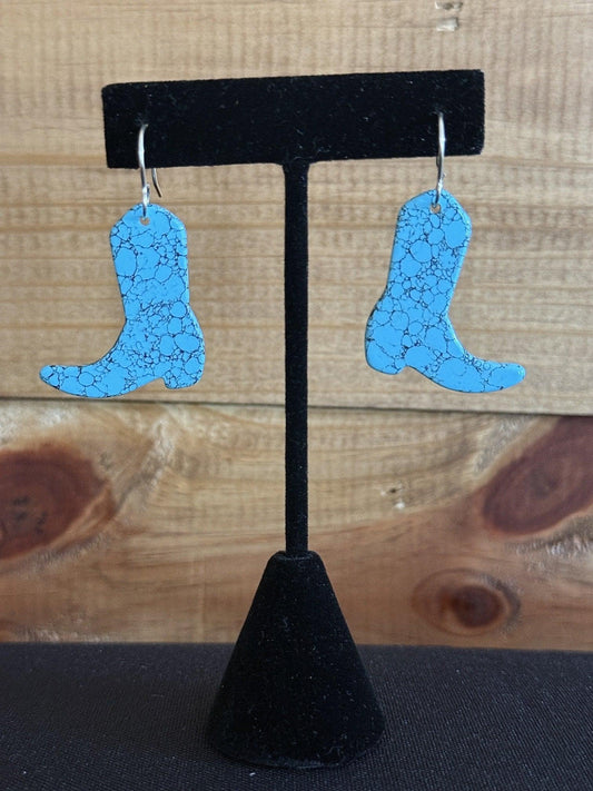 Turquoise & Sterling Silver Slab Cowboy Boot Dangle Earrings