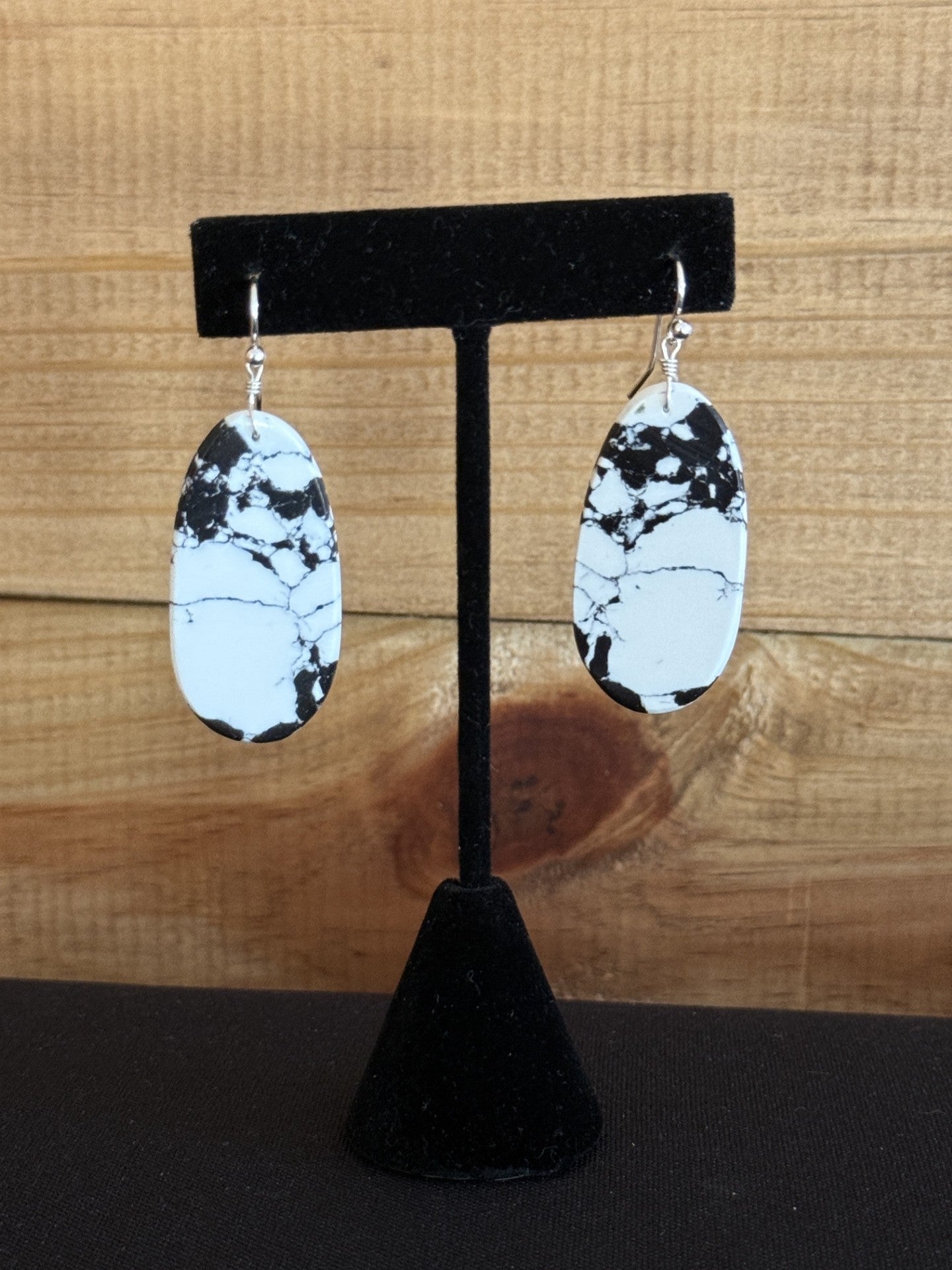 White Buffalo & Sterling Silver Slab Oval Dangle Earrings